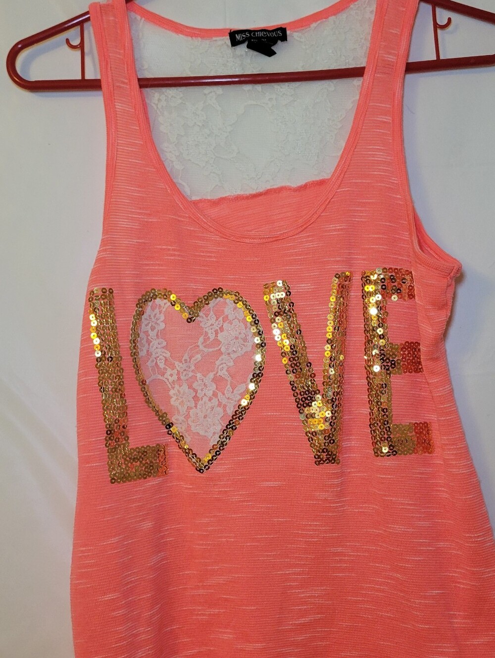 Miss Chievous Coral Pink Sequin LOVE Tank Top